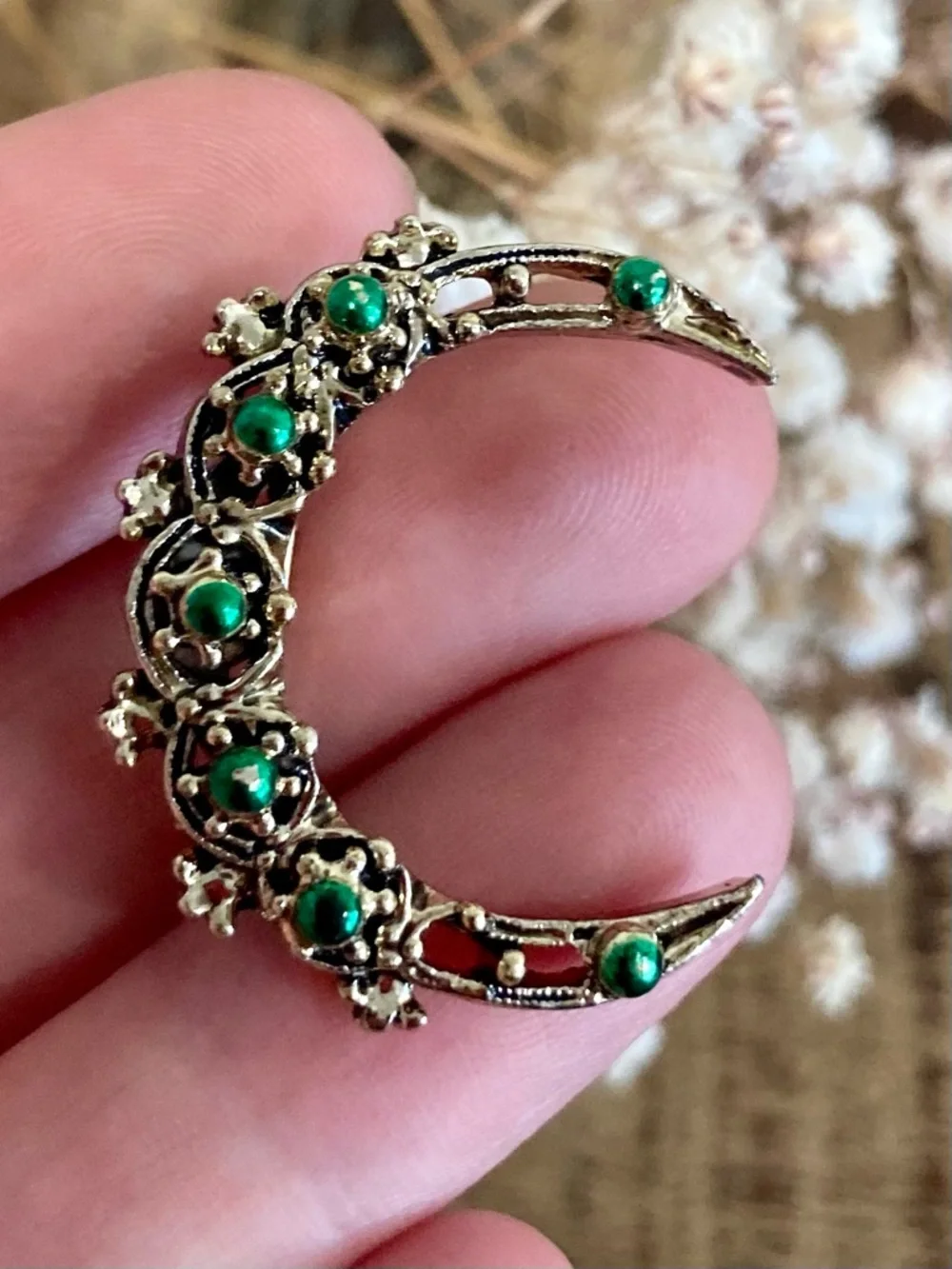Gold Tone and Green Enamel Crescent Brooch